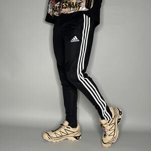 Adidas Sweatpants Mens S Slim Fit Black White 3 Stripes Soccer Polyester Joggers